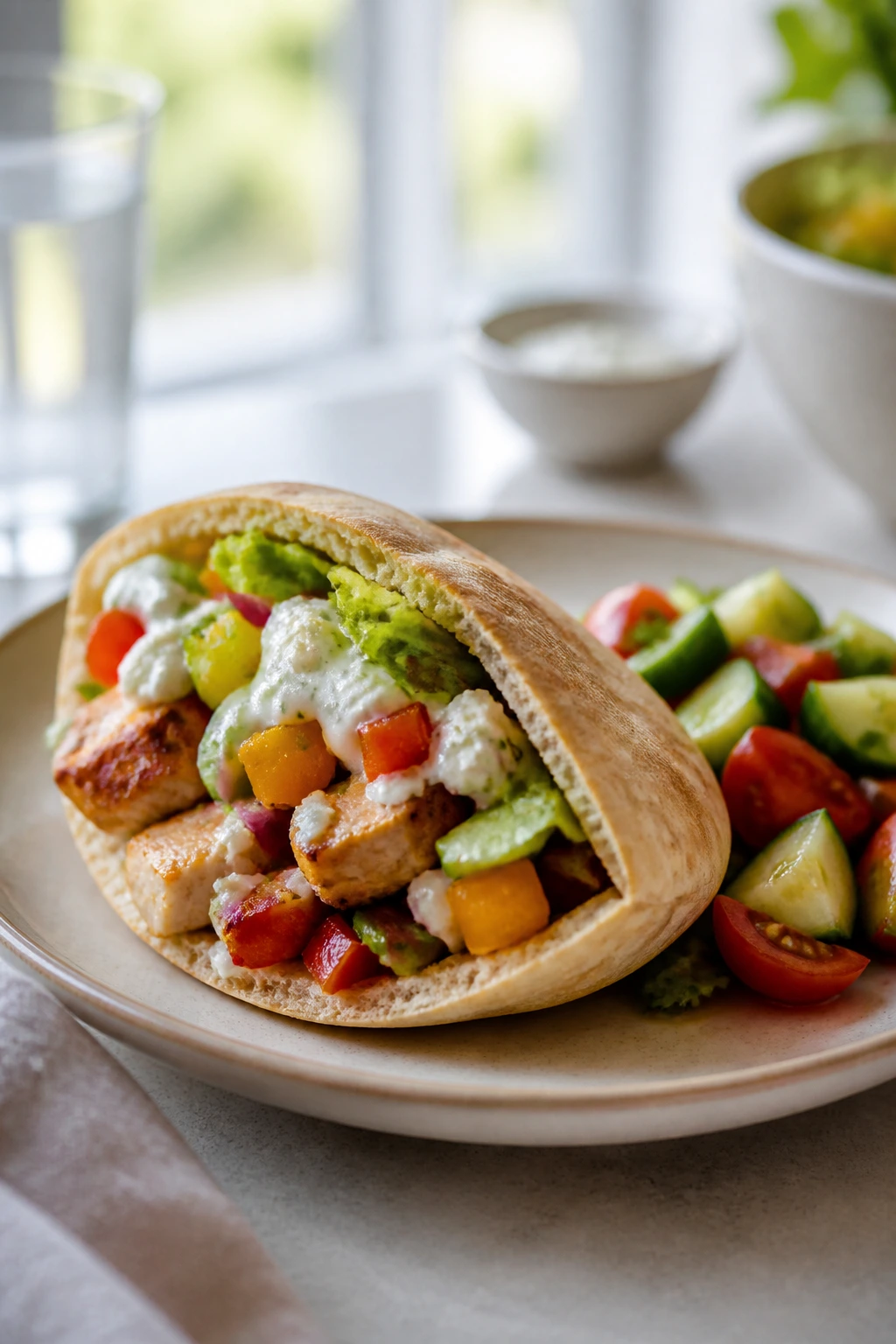 Plate of stuffed pita with side salad ready to serve