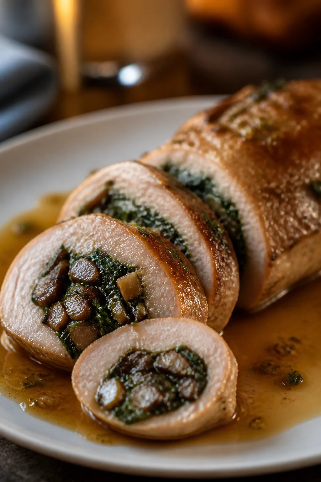 Sliced stuffed pork tenderloin with mushroom-spinach filling and apple cider pan sauce on a plate