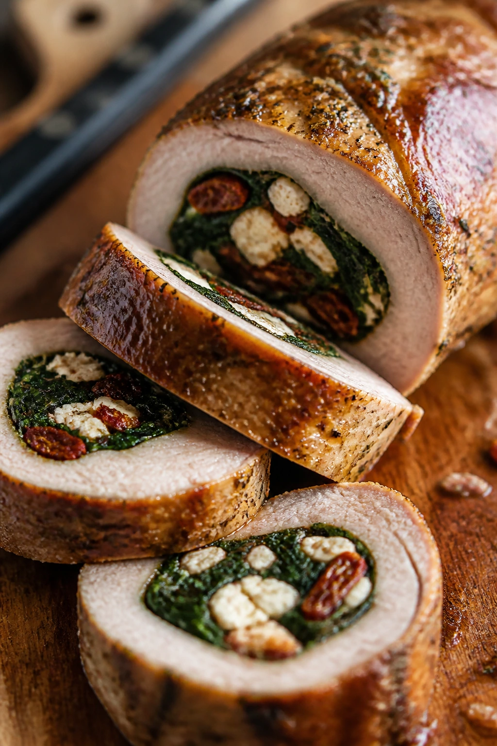 Close-up of stuffed pork tenderloin medallions showing spinach feta sun-dried tomato filling on a wooden board