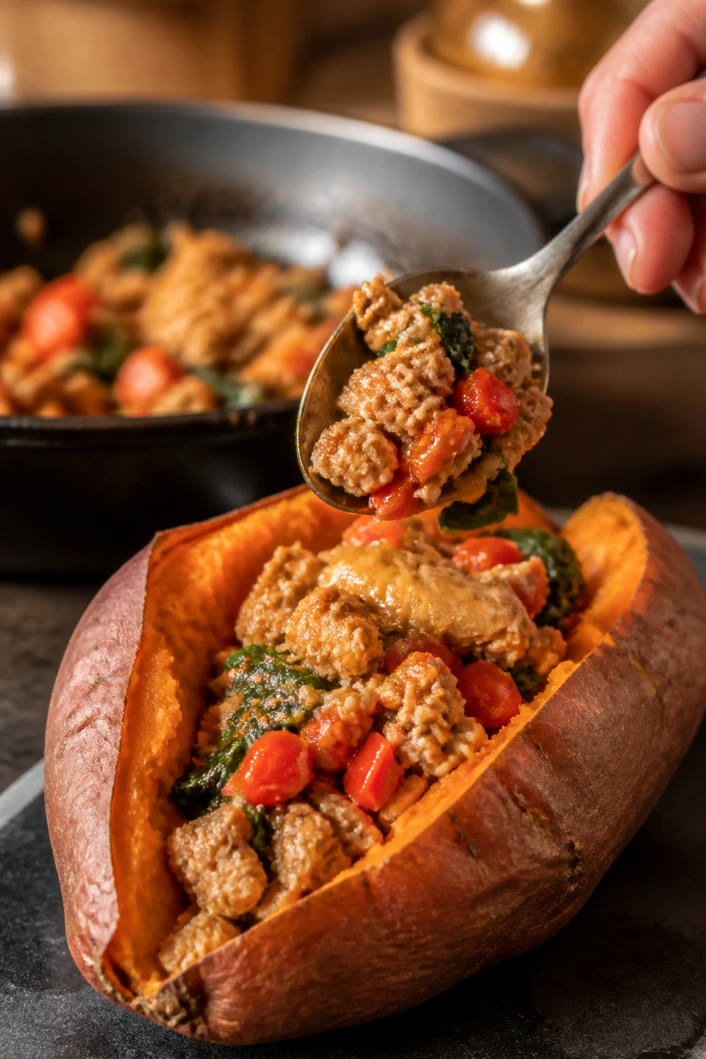 Halved baked potato being stuffed with turkey filling