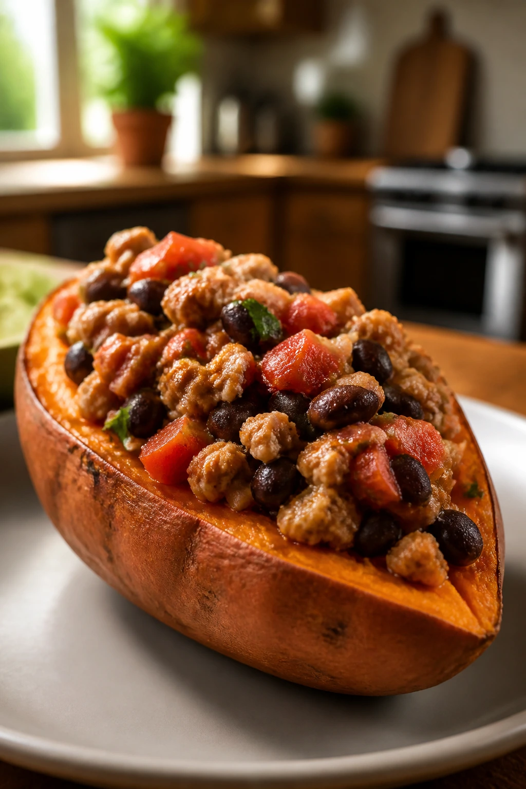 Stuffed sweet potato with turkey and beans, showing why the dish works