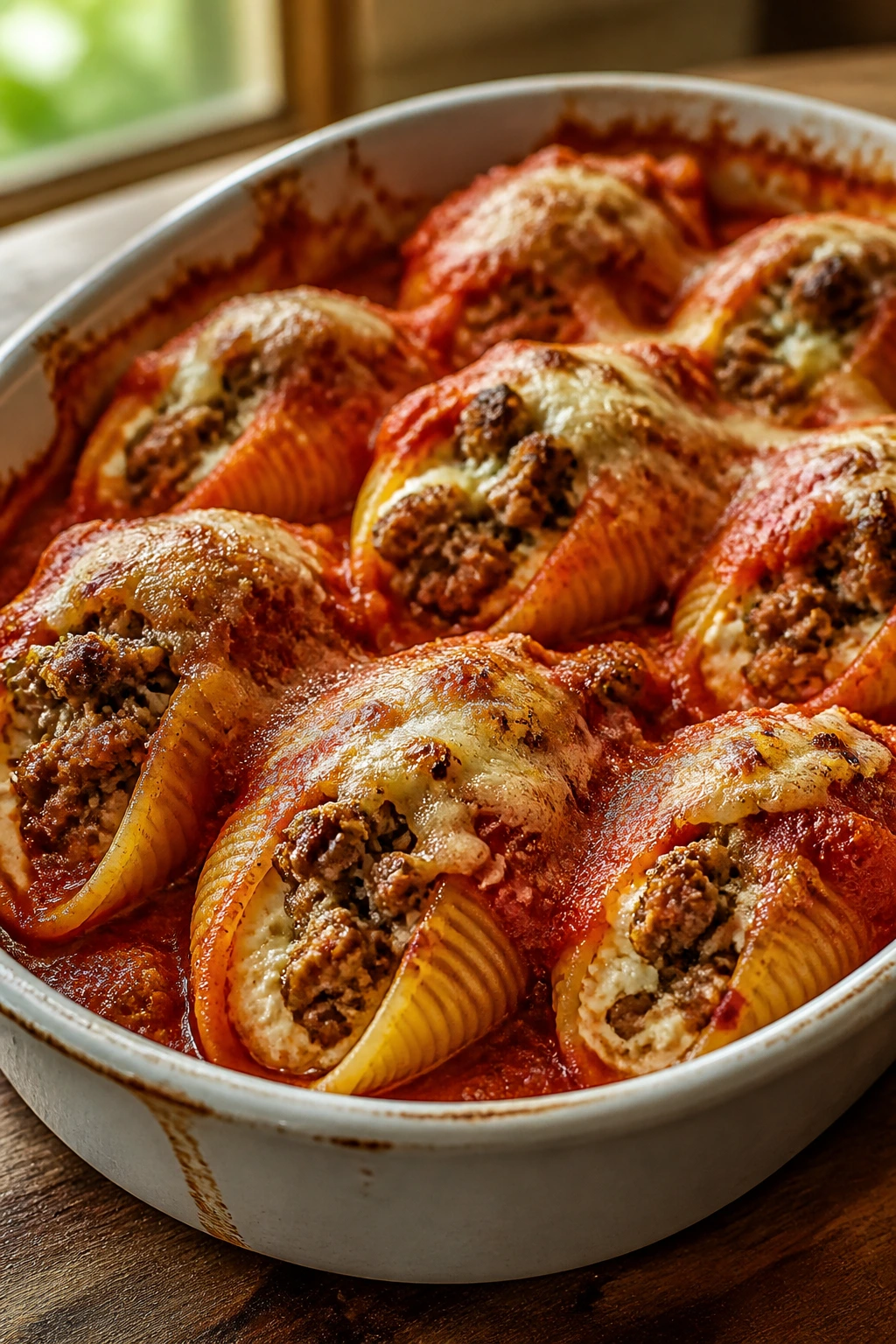 Close-up of beef bolognese stuffed shells in baking dish with tomato sauce, warm kitchen lighting