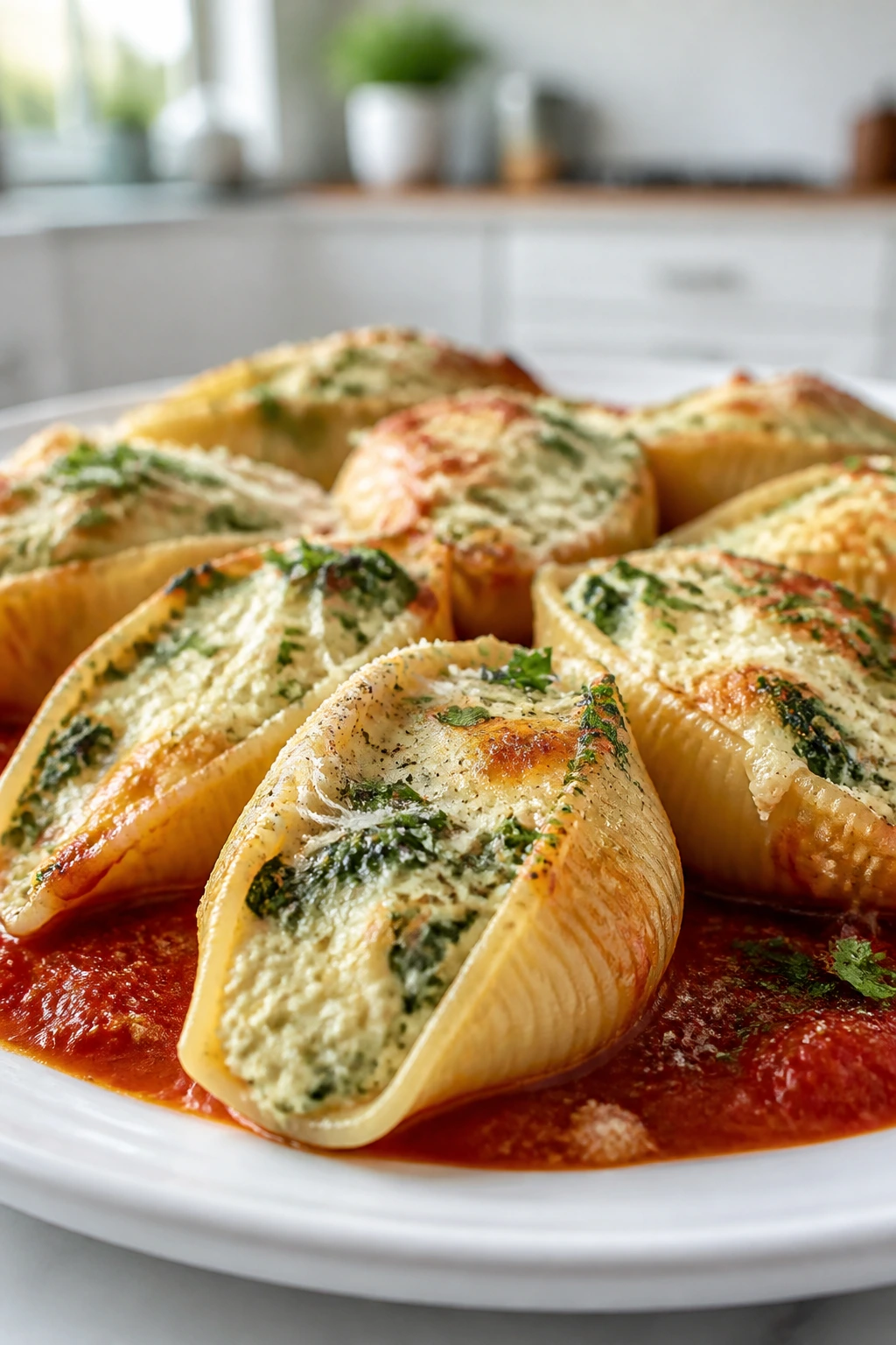 Plate of stuffed shells with greens in the filling on a bright kitchen table