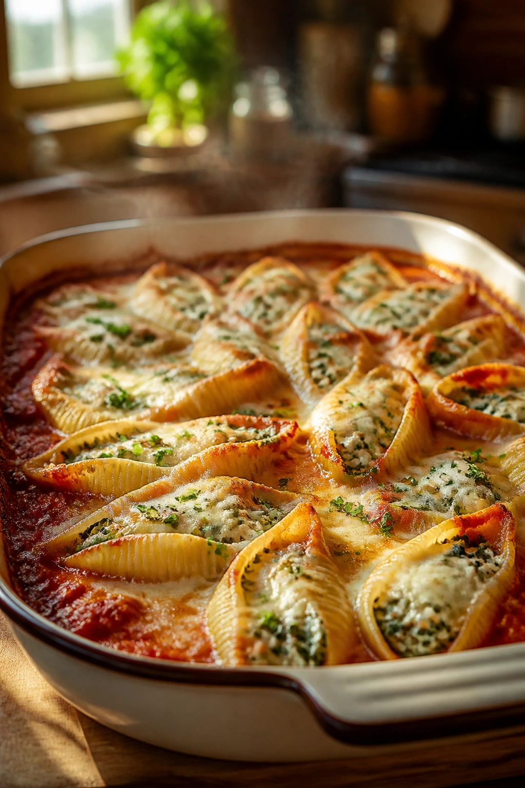 Steaming stuffed shells in a warm kitchen