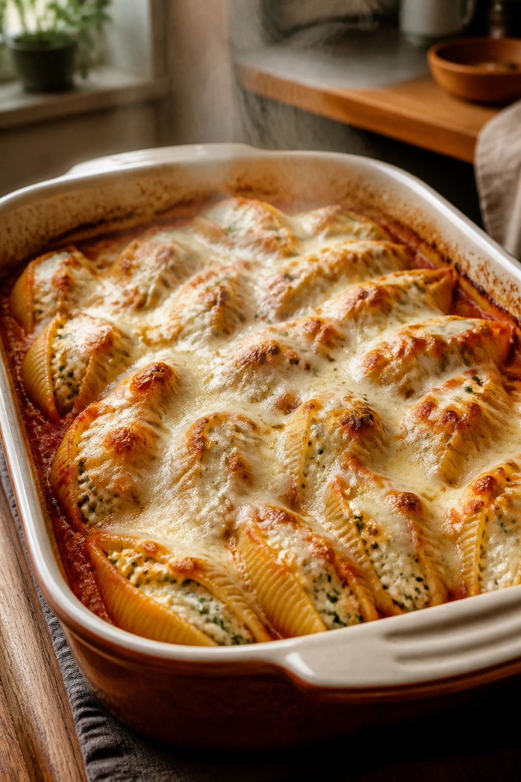Close-up of stuffed shells in a bubbling tomato sauce in a rustic casserole, warm kitchen lighting