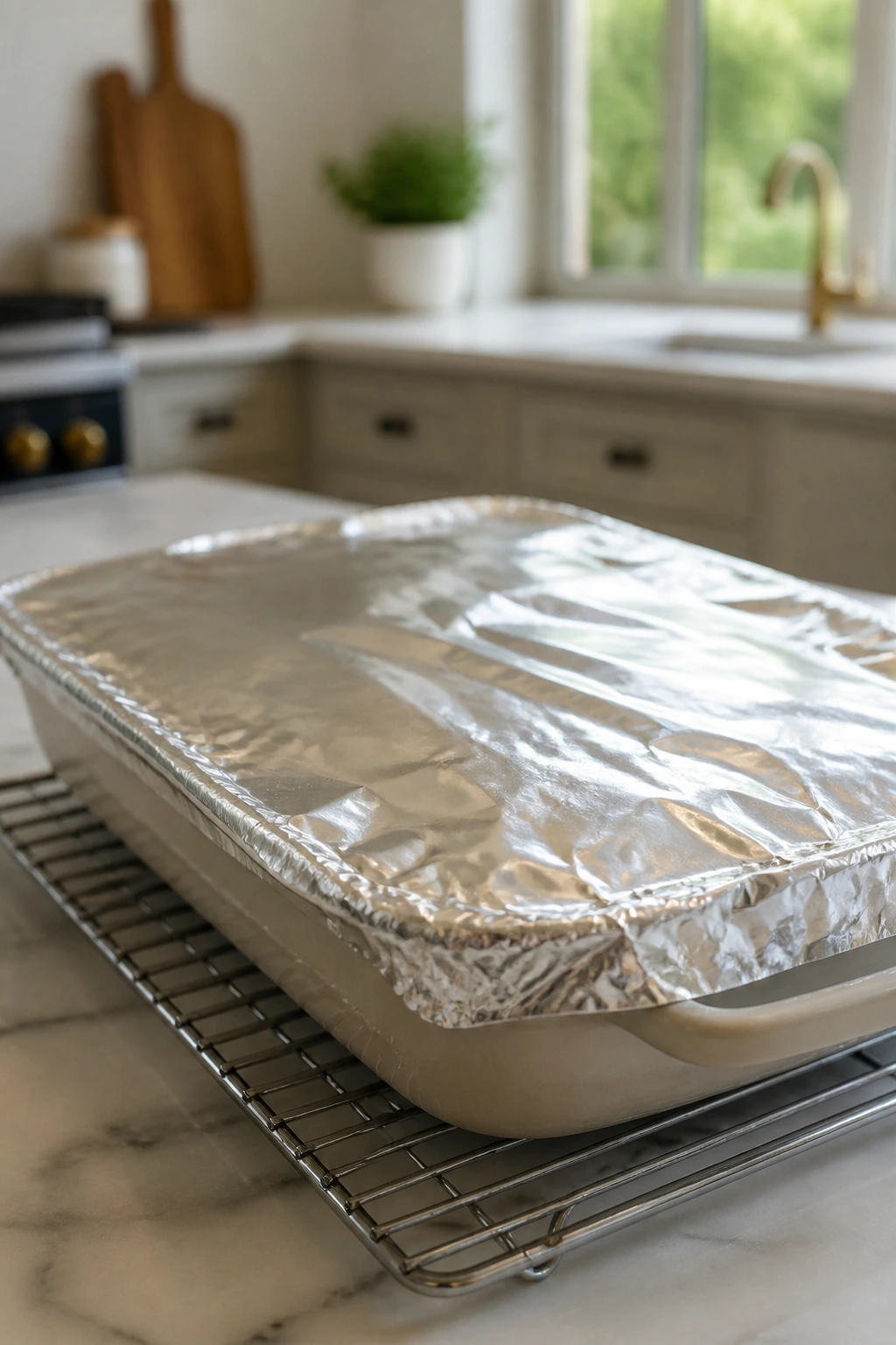 Foiled stuffed shells in a glass dish on a modern kitchen counter