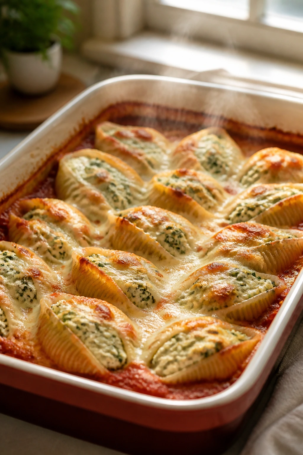 Pan of stuffed shells with sauce around the edges and steam