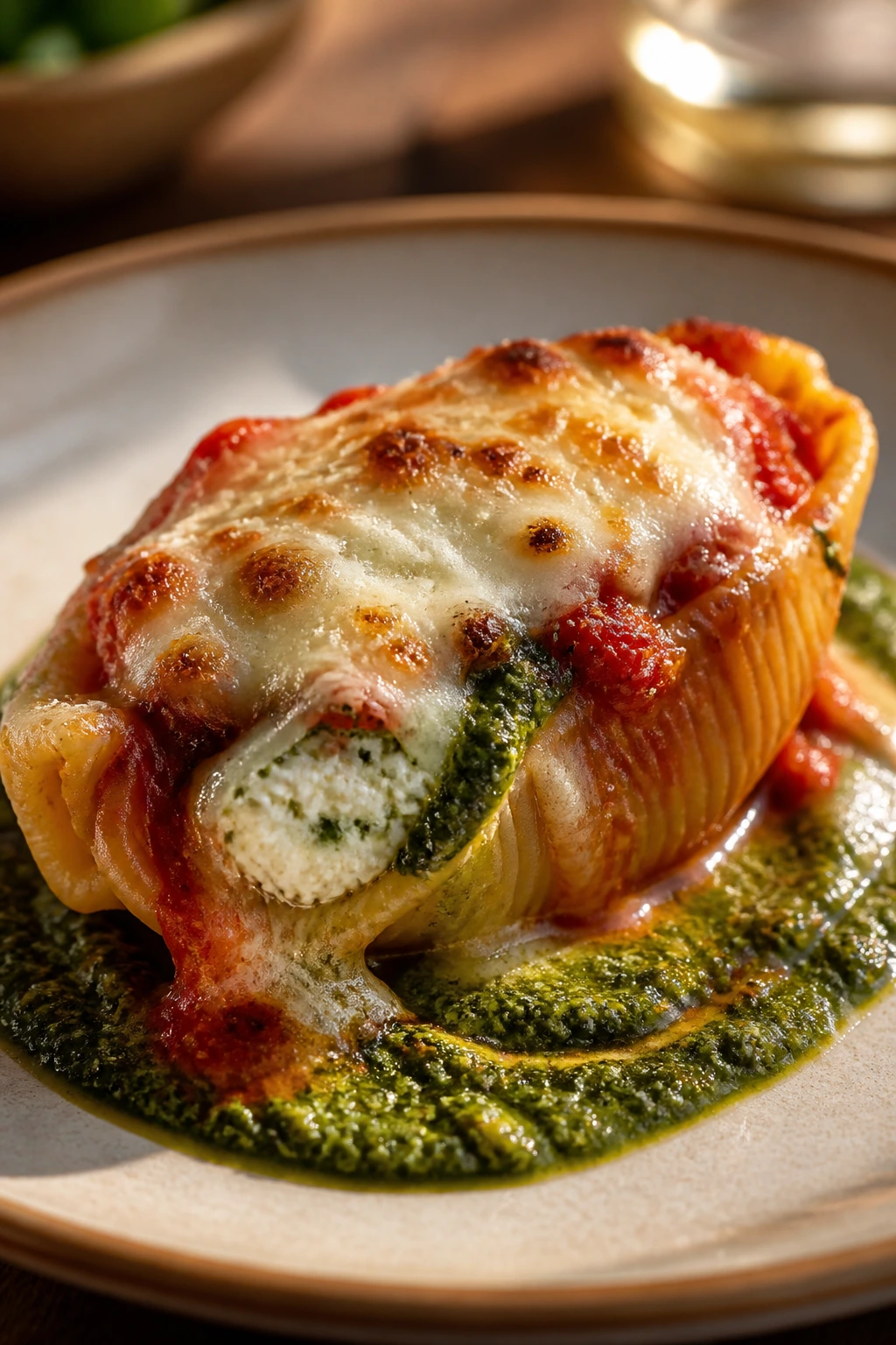 Close-up of a stuffed shell with pesto under the sauce on a plate in a warm dining setting