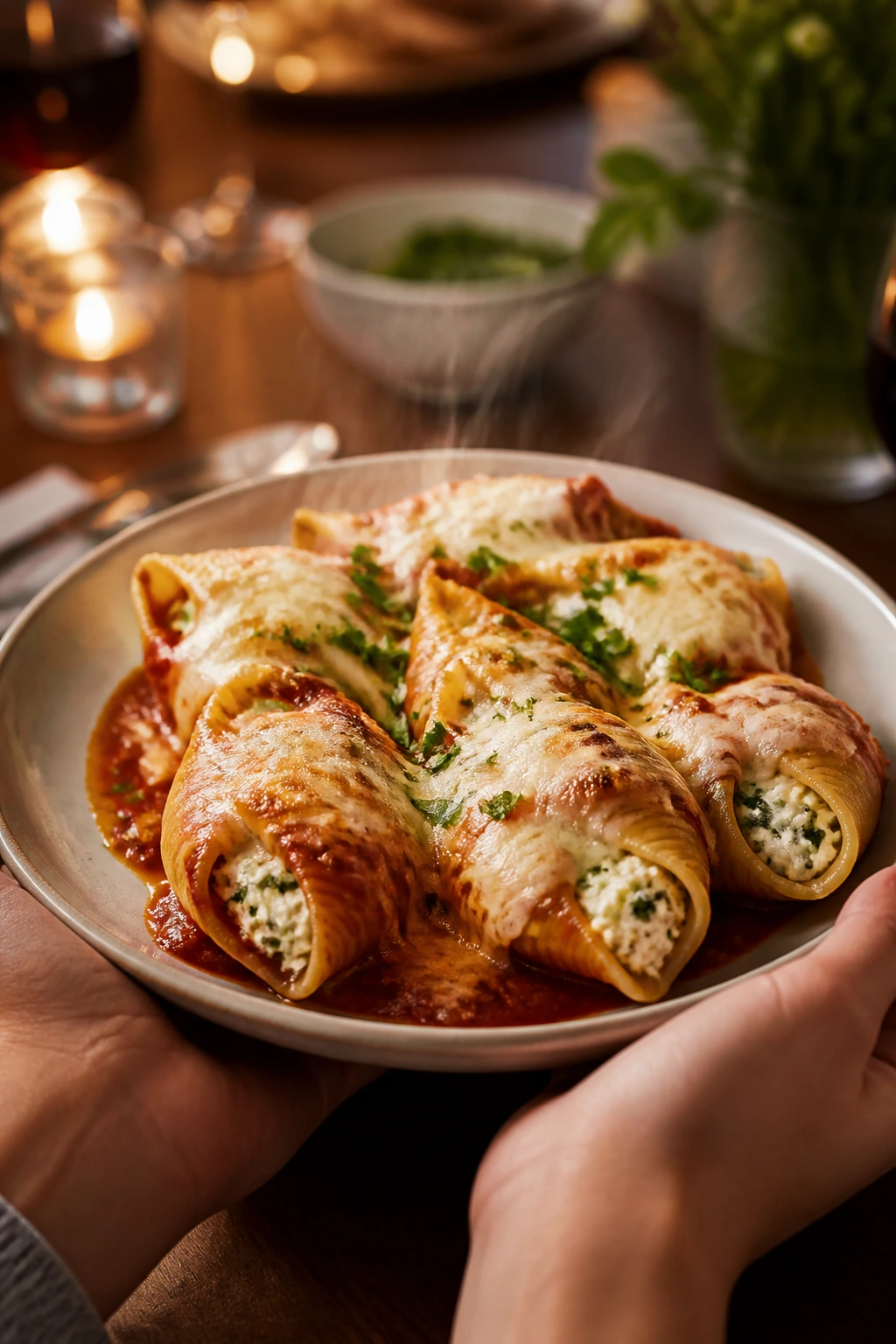 Hands holding a plate of stuffed shells at a cozy dining table