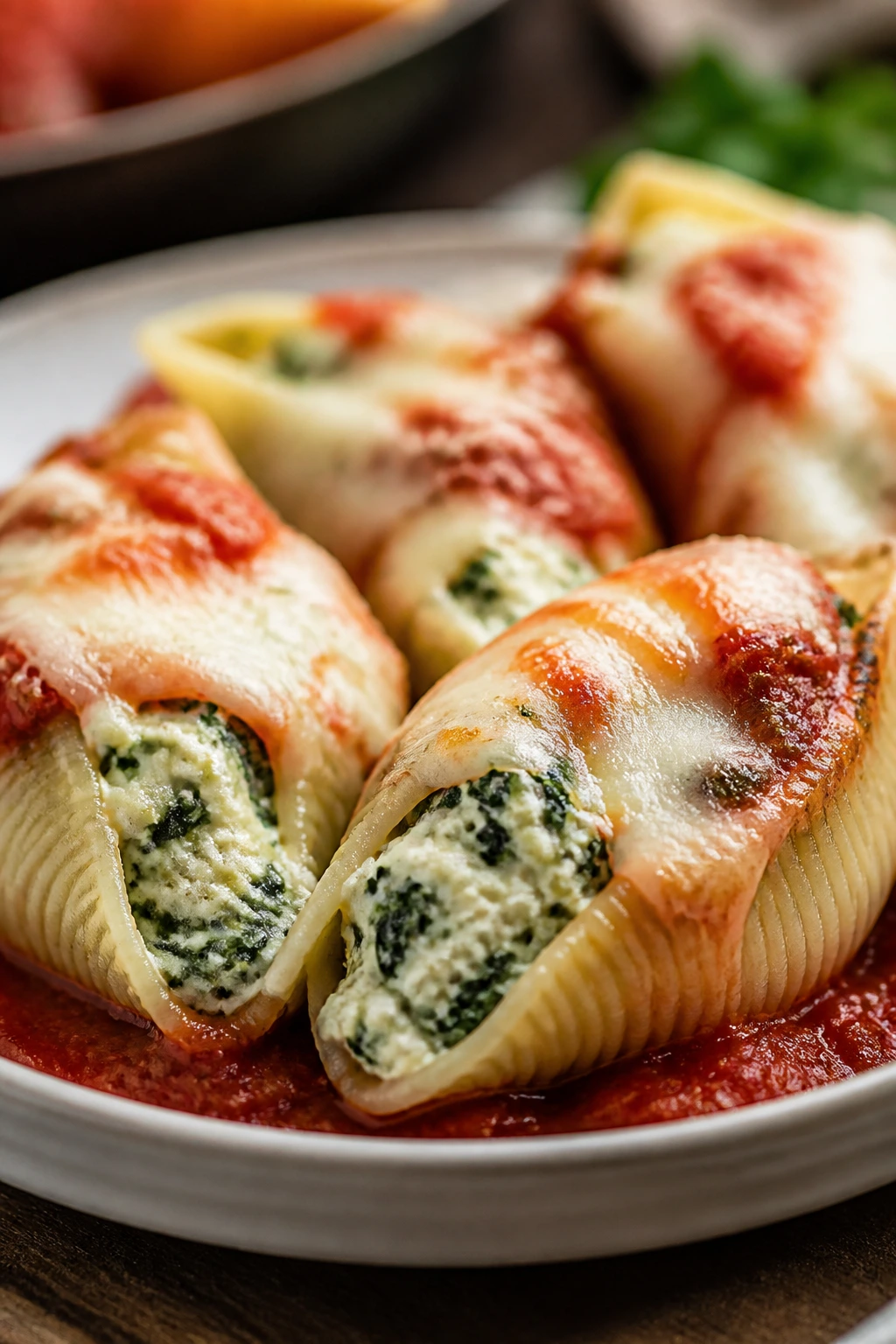 Close-up of Stuffed Shells with Ricotta and Spinach on a plate with melted cheese.