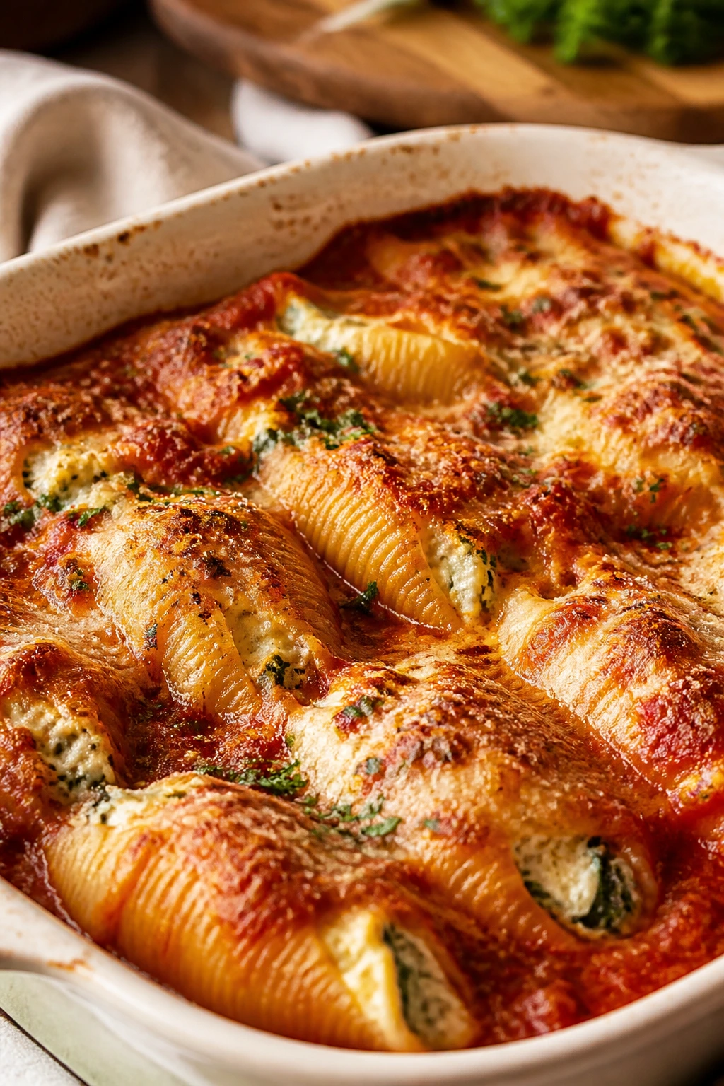Close-up of stuffed shells in tomato sauce in a baking dish on a warm kitchen counter