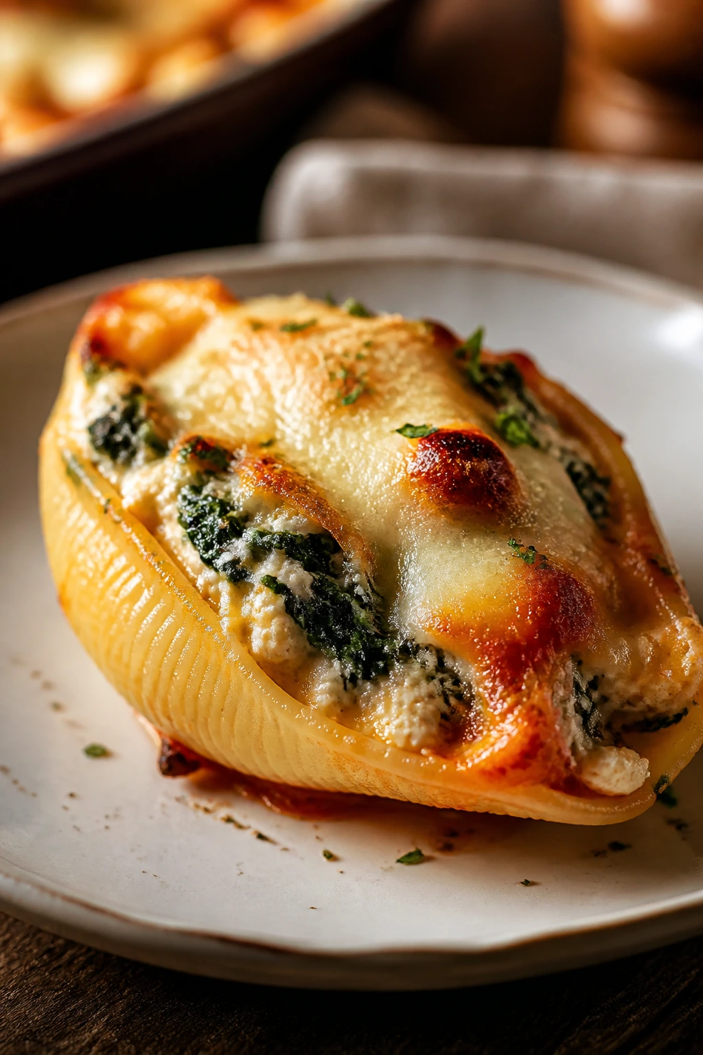 Jumbo stuffed shell with spinach and cheese on plate