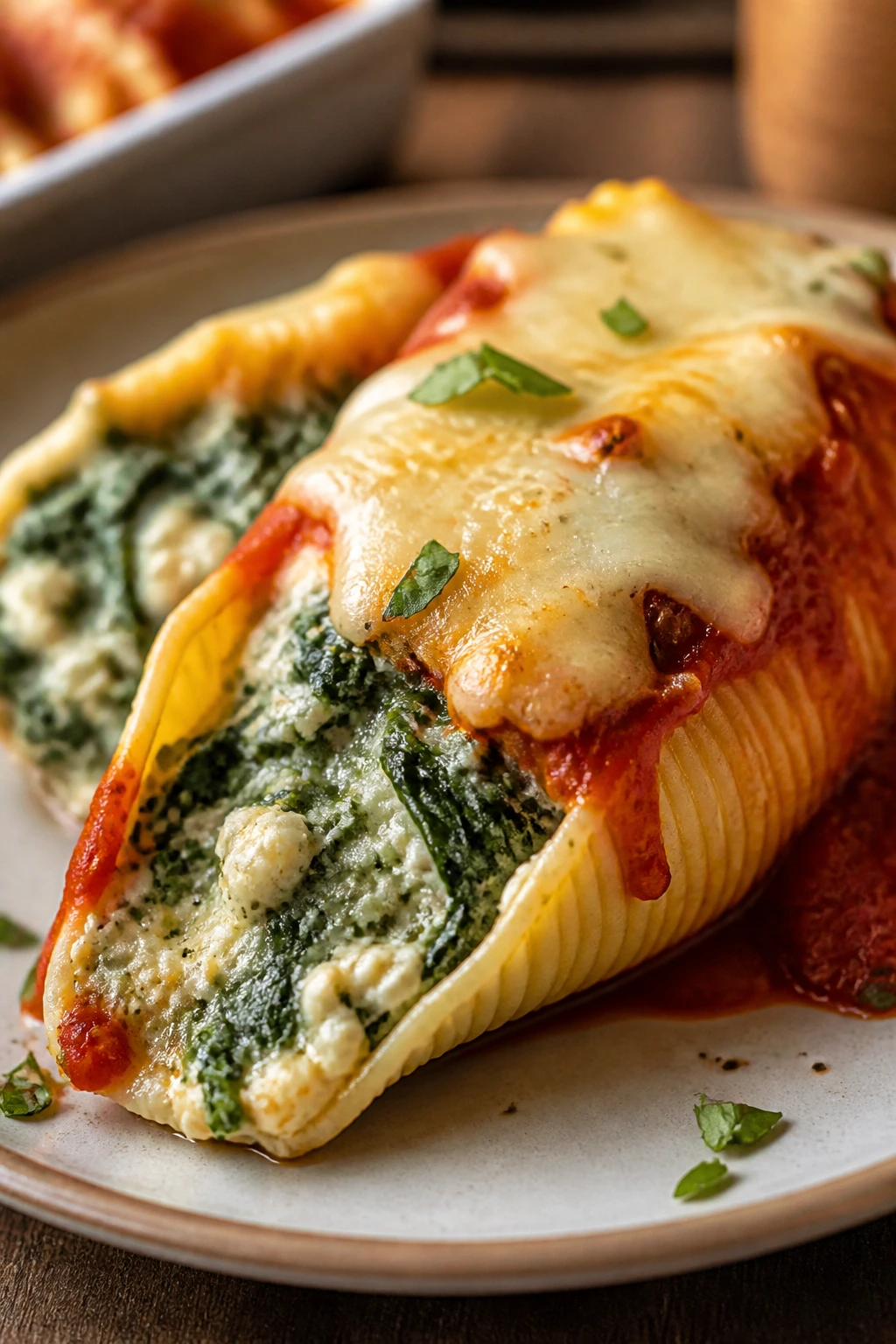 Close-up of spinach and ricotta stuffed shell on plate