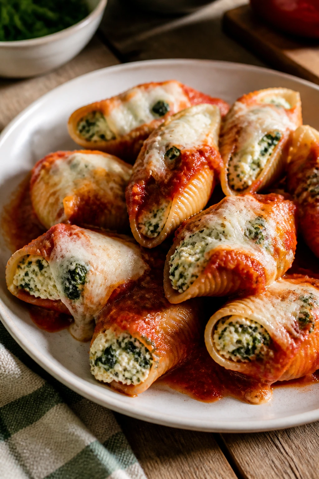 Close-up of spinach and ricotta stuffed shells on a plate with tomato sauce.