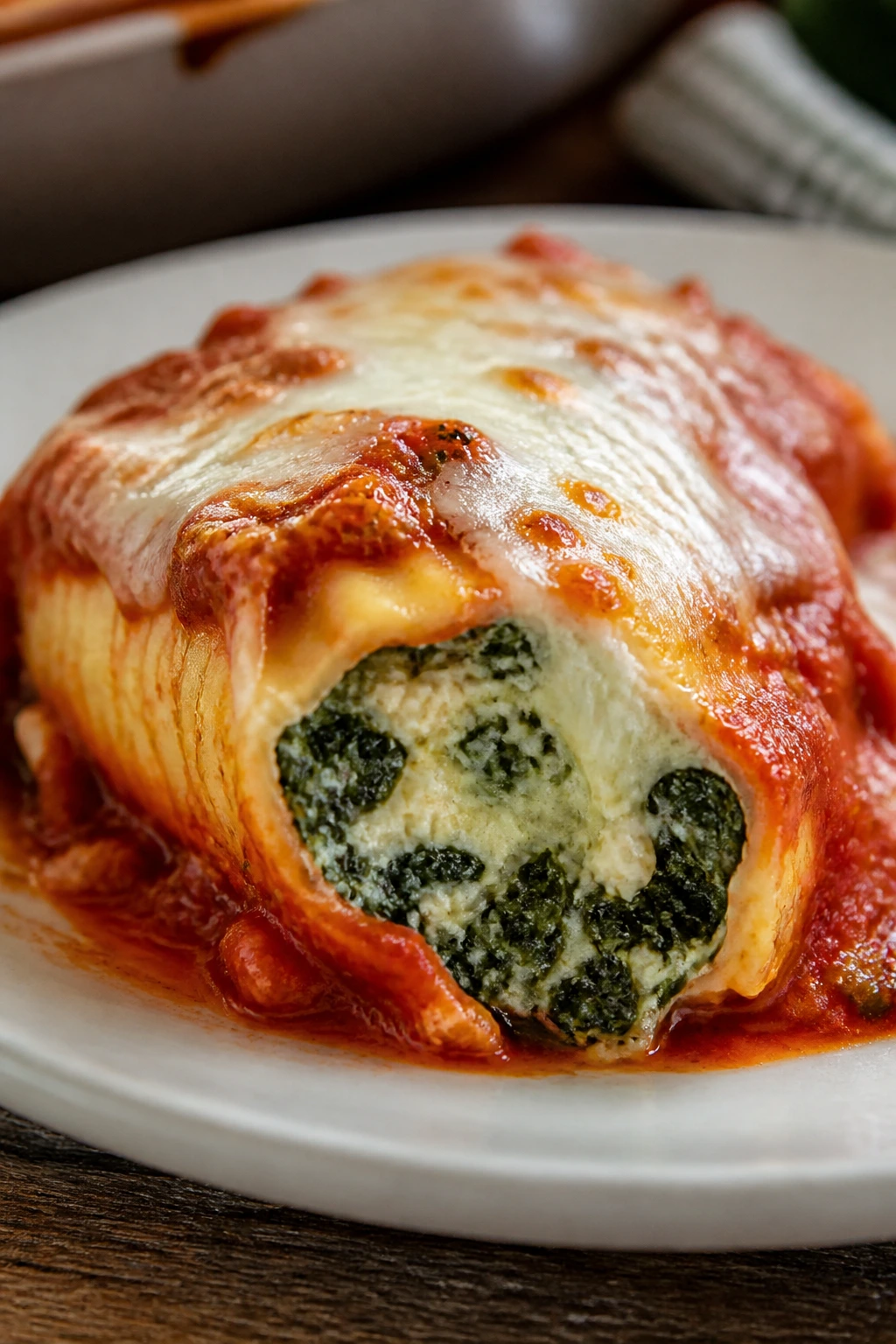 Close-up of stuffed shells with spinach ricotta filling.