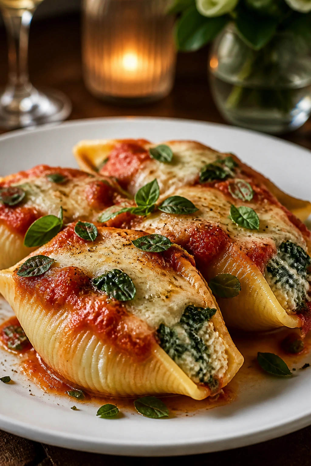 Stuffed shells plated on a white plate with garnish