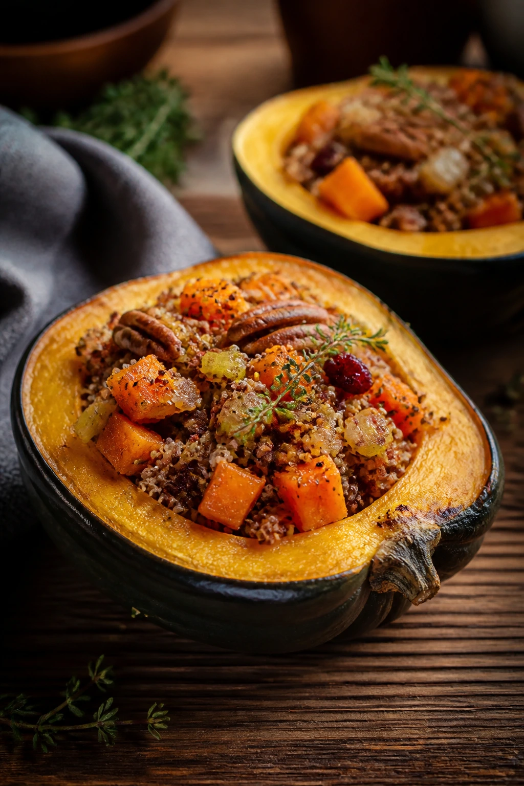 Halved stuffed squash on wood table