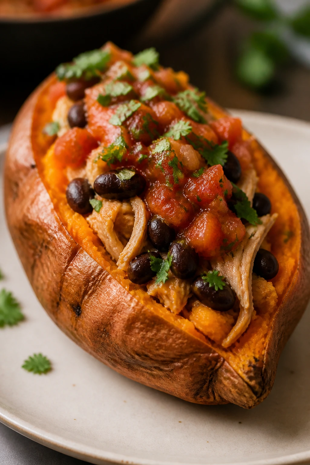 Baked sweet potato half stuffed with turkey and black beans