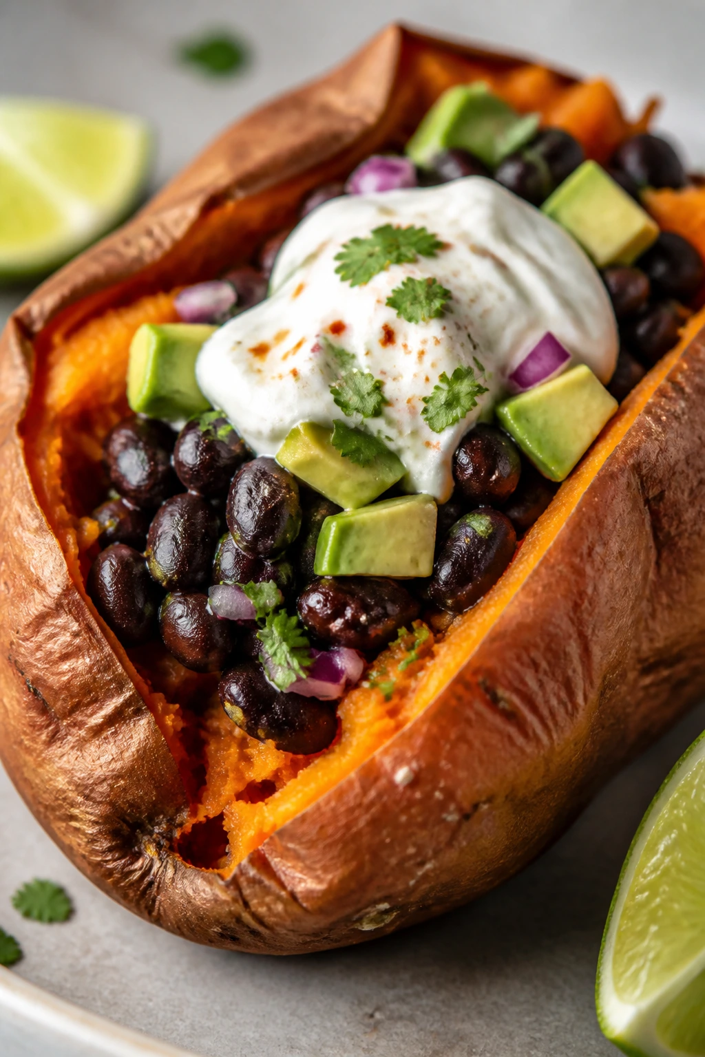 Close-up stuffed sweet potato with black beans and yogurt
