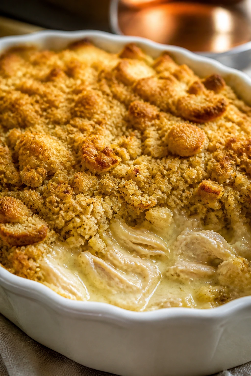 Baked chicken and stuffing casserole with a crusty top in a baking dish