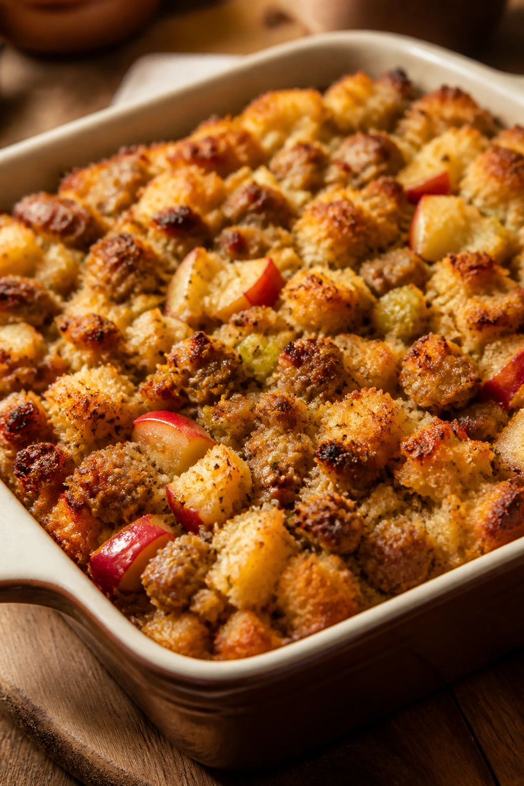 Casserole dish bubbling with sausage apple stuffing on wooden counter