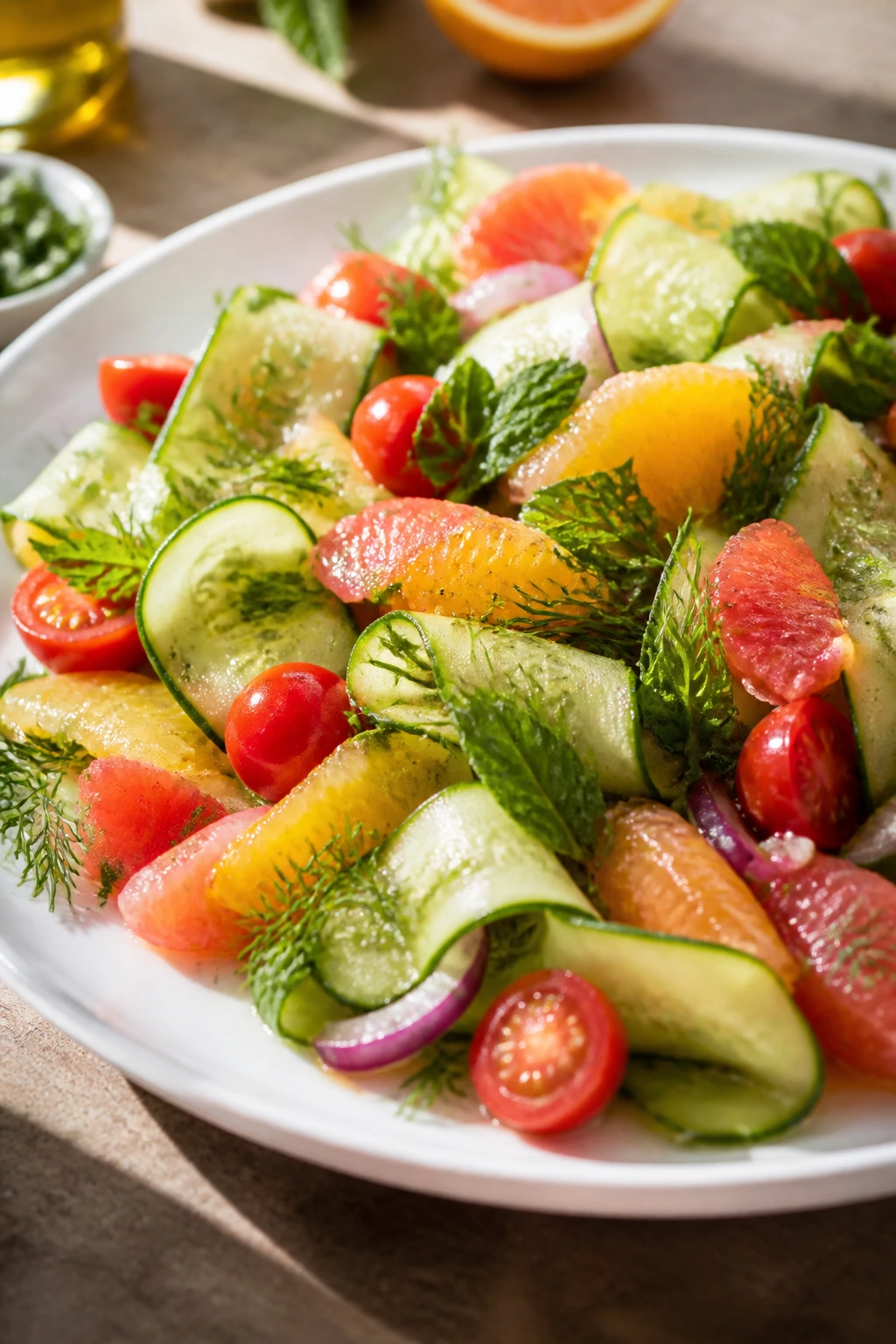 Close-up of a vibrant summer salad plate with cucumber, citrus, and herbs on a rustic countertop