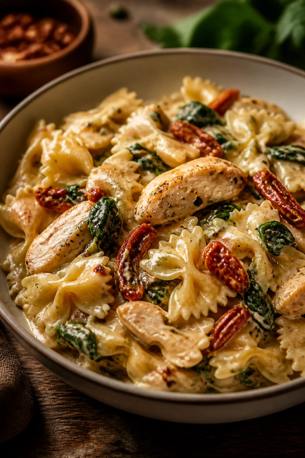 Bow-tie pasta with chicken and sun-dried tomatoes in cream