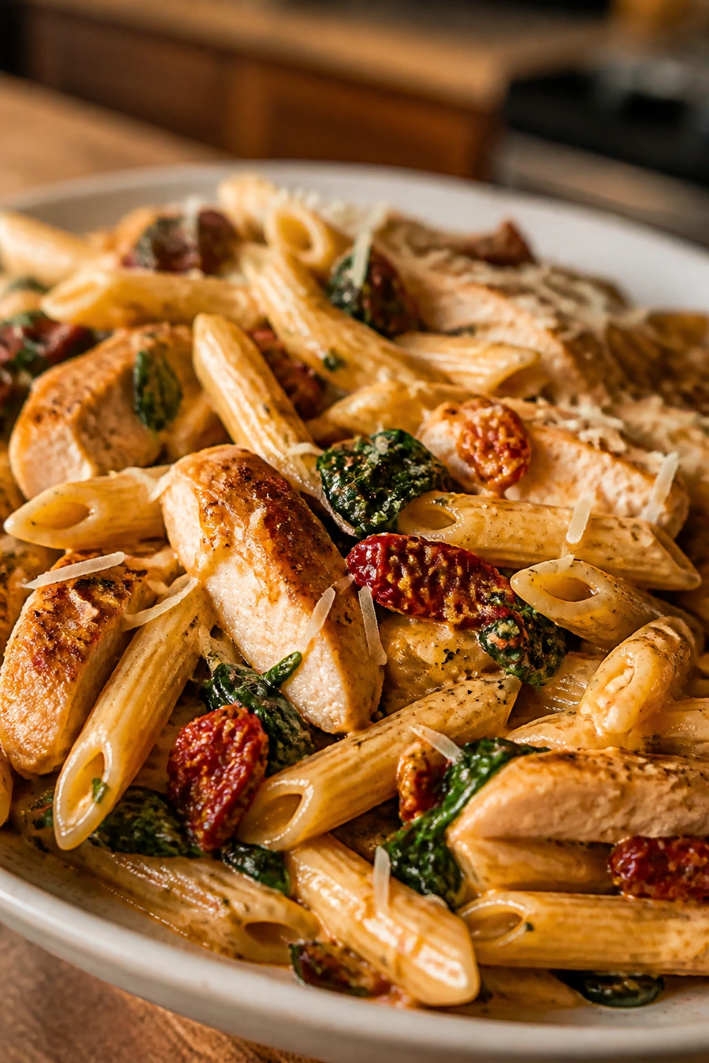 Plate of sun-dried tomato chicken pasta with spinach and parmesan