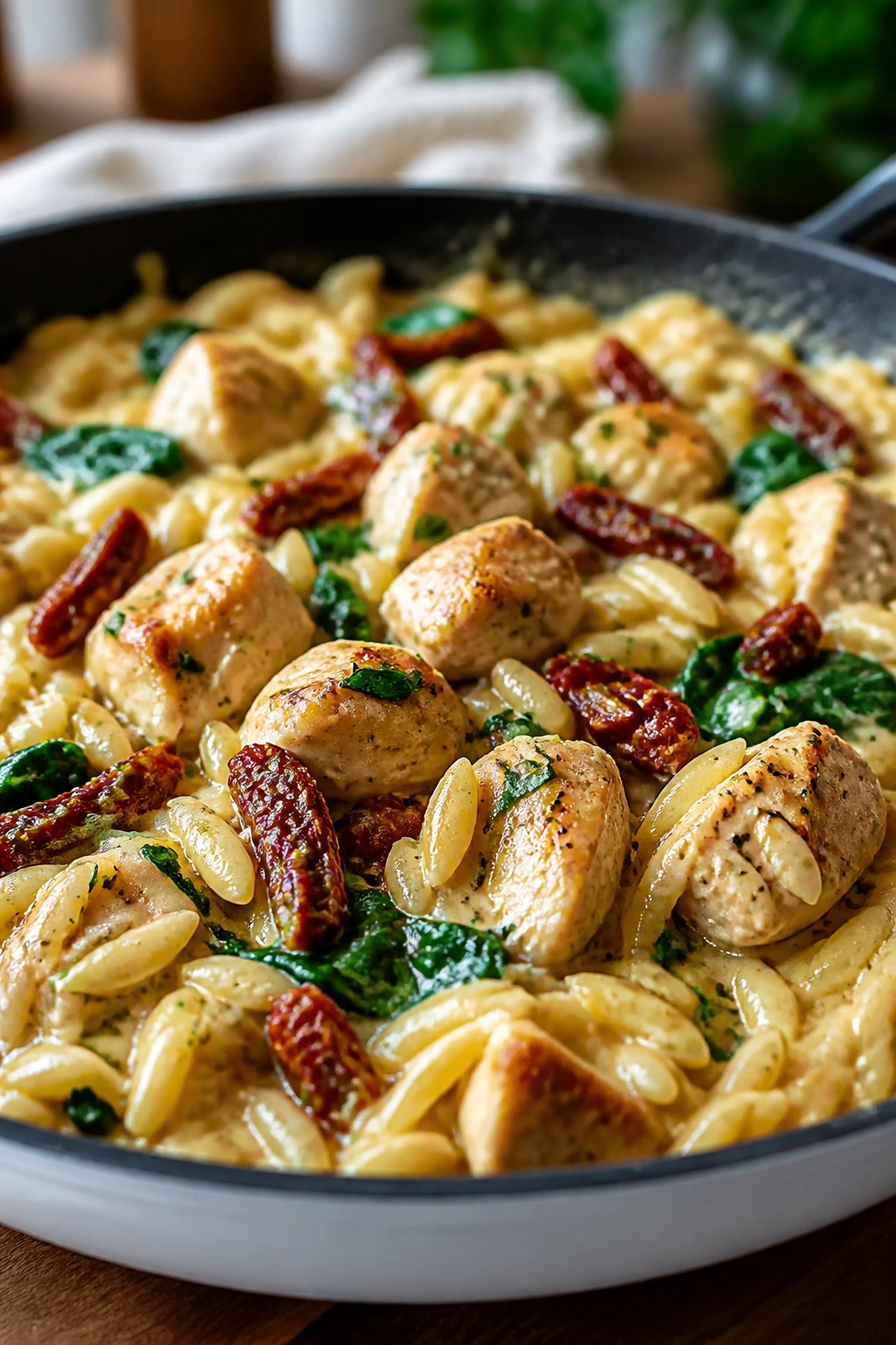 Orzo with chicken and sun-dried tomatoes in creamy sauce