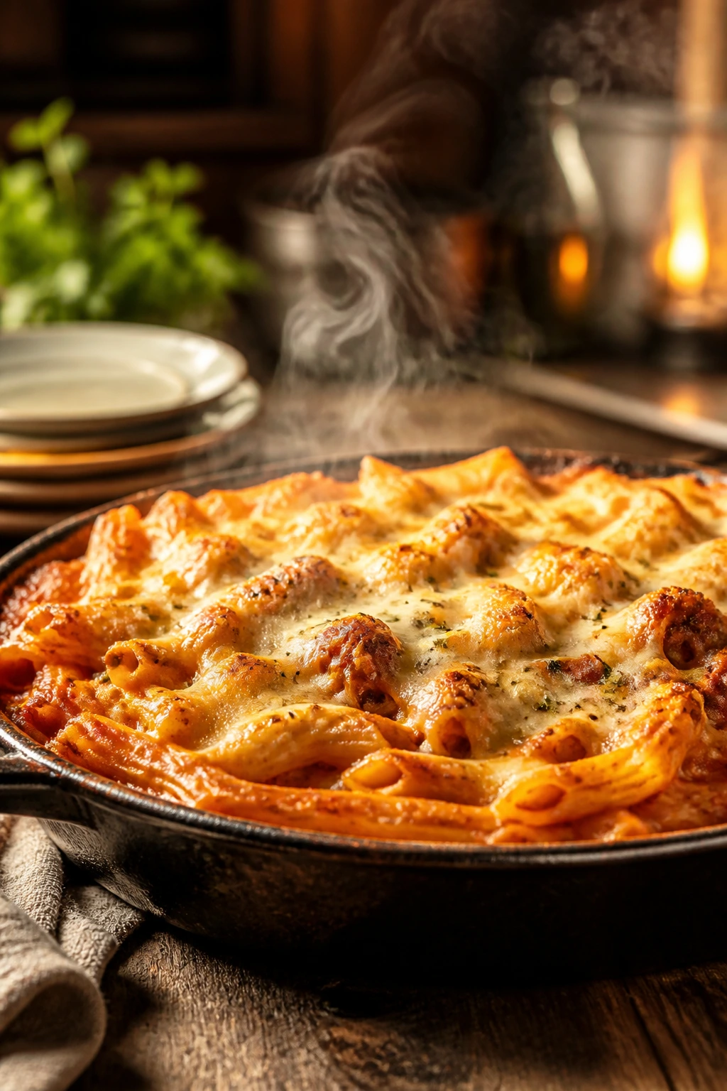 Bubbling baked pasta in a rustic kitchen evokes satisfying Sunday dinner.