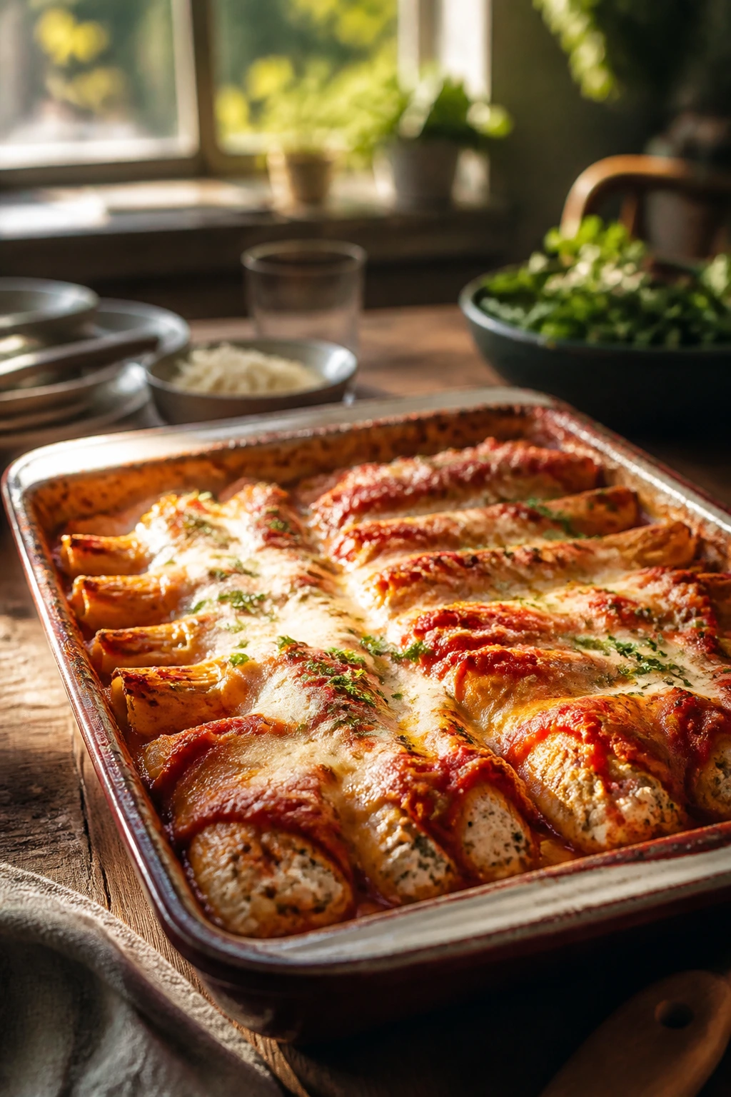 Manicotti pan centerpiece on Sunday dinner table