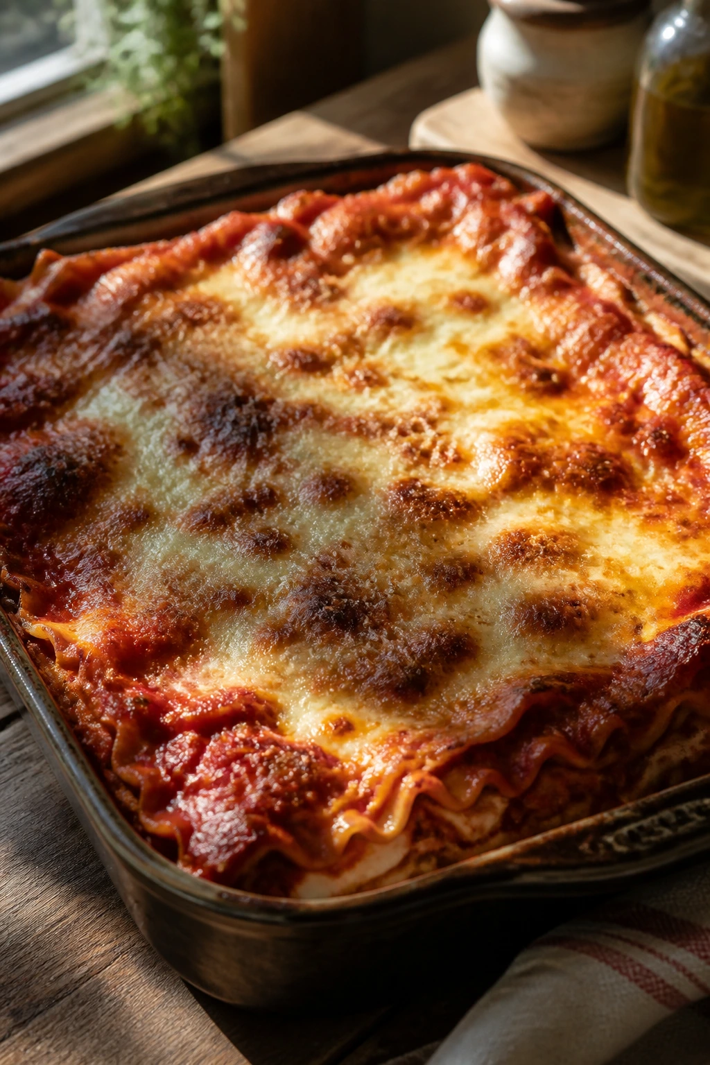 Bubbling lasagna pan on a warm kitchen counter evokes Sunday comfort
