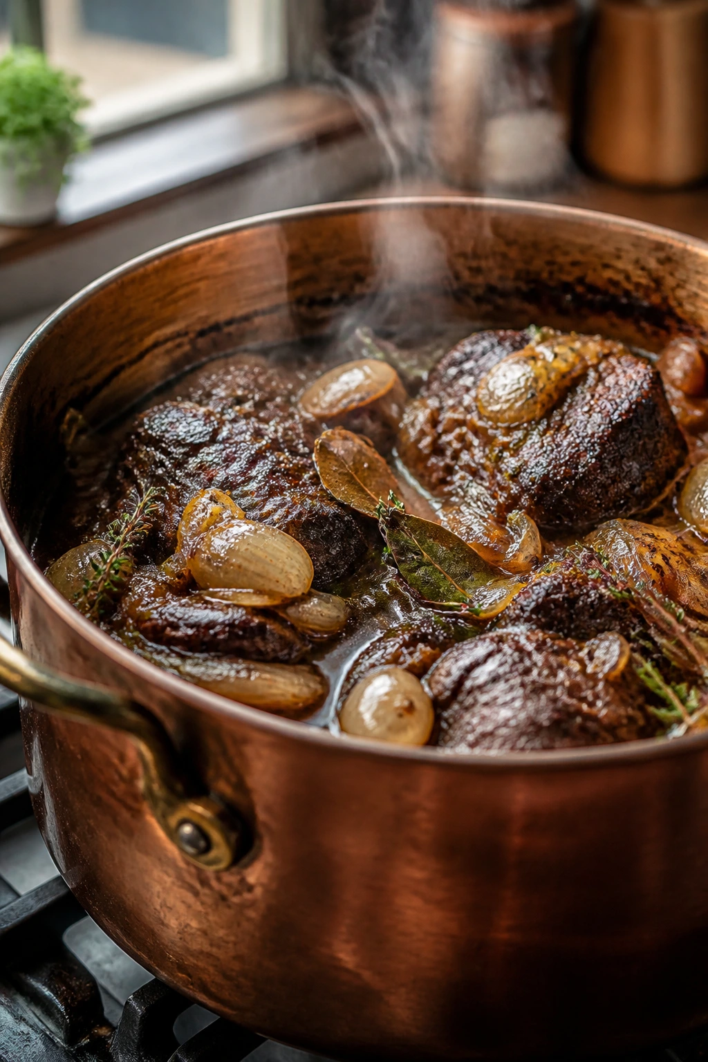 Close-up of a rustic copper pot simmering with onions in a braise