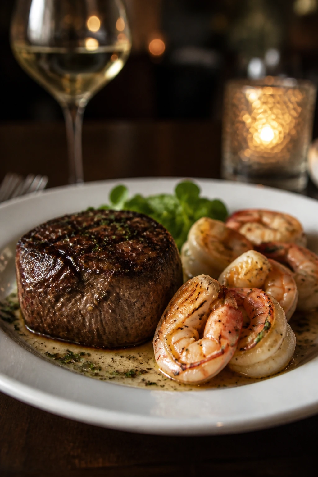 Surf-and-turf plated dinner with steak and shrimp