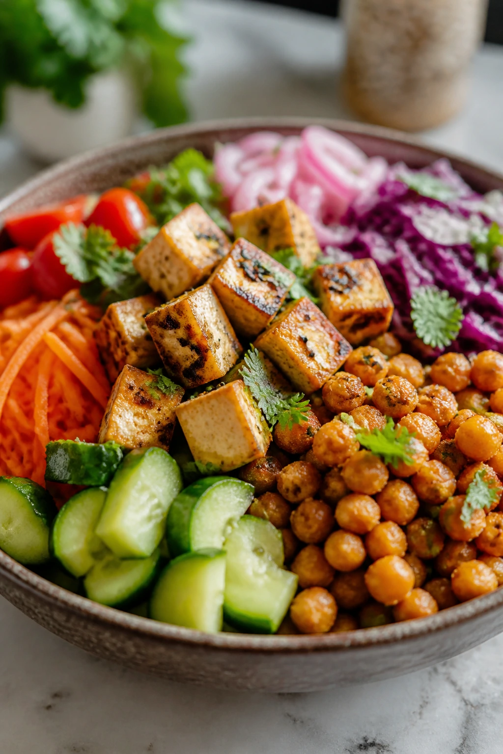 Vibrant protein bowl with tofu and chickpeas in bright kitchen light