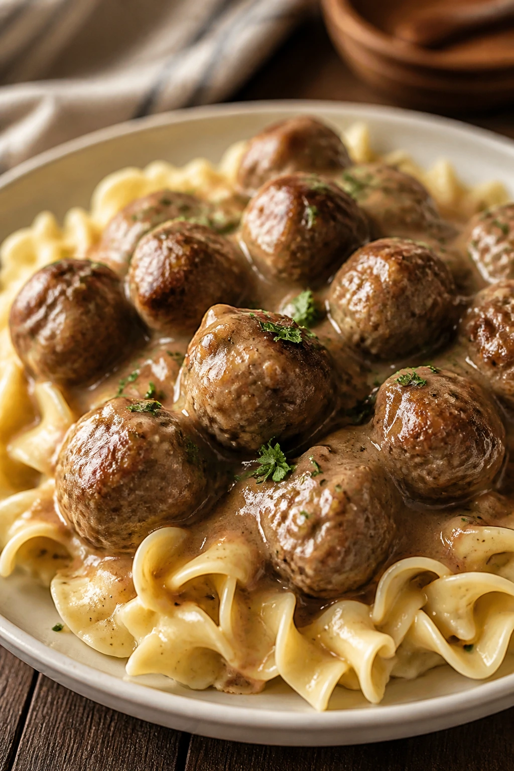 Meatballs with gravy served over egg noodles in a warm setting