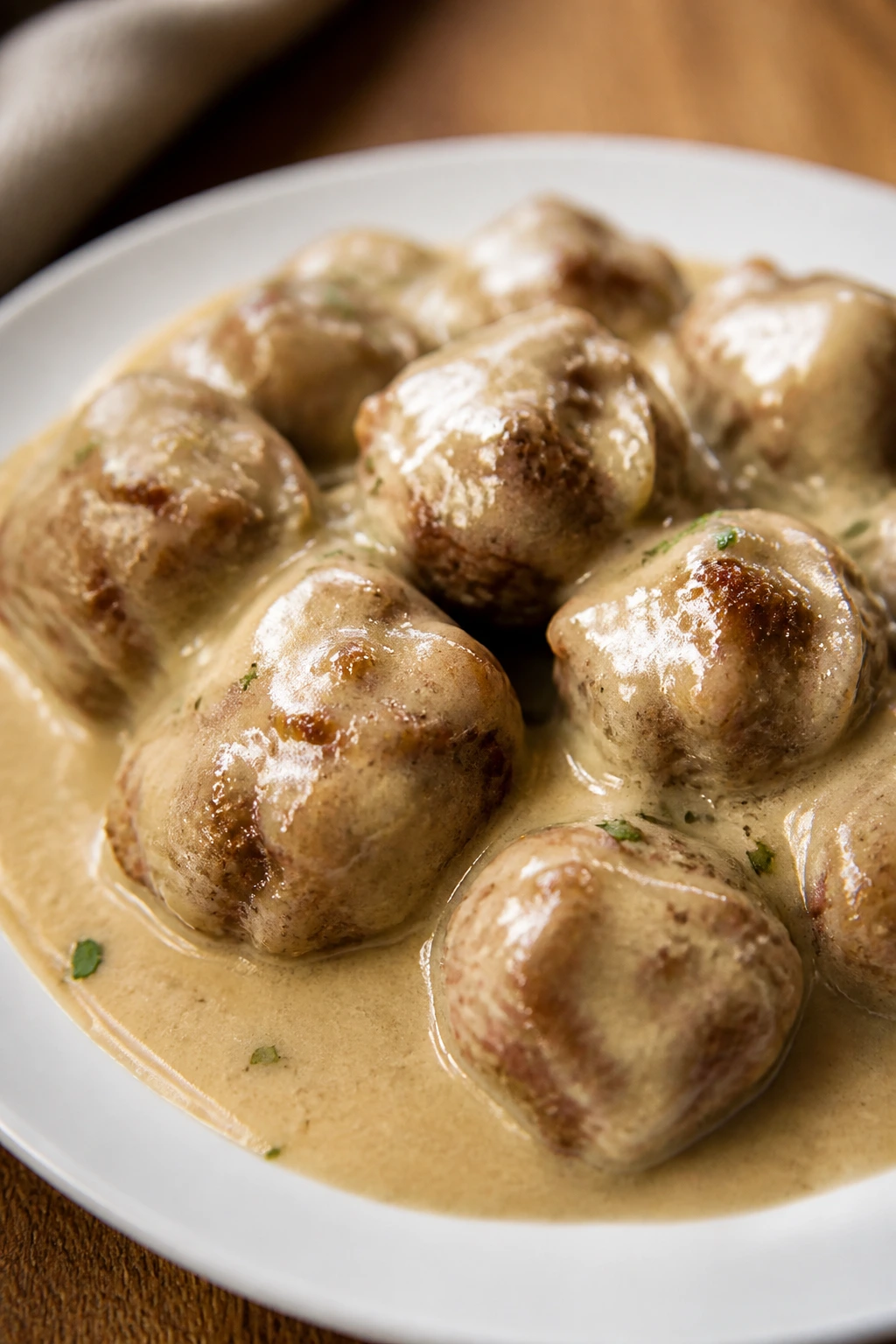 Close-up of Swedish meatballs in pale gravy on a plate in a cozy kitchen
