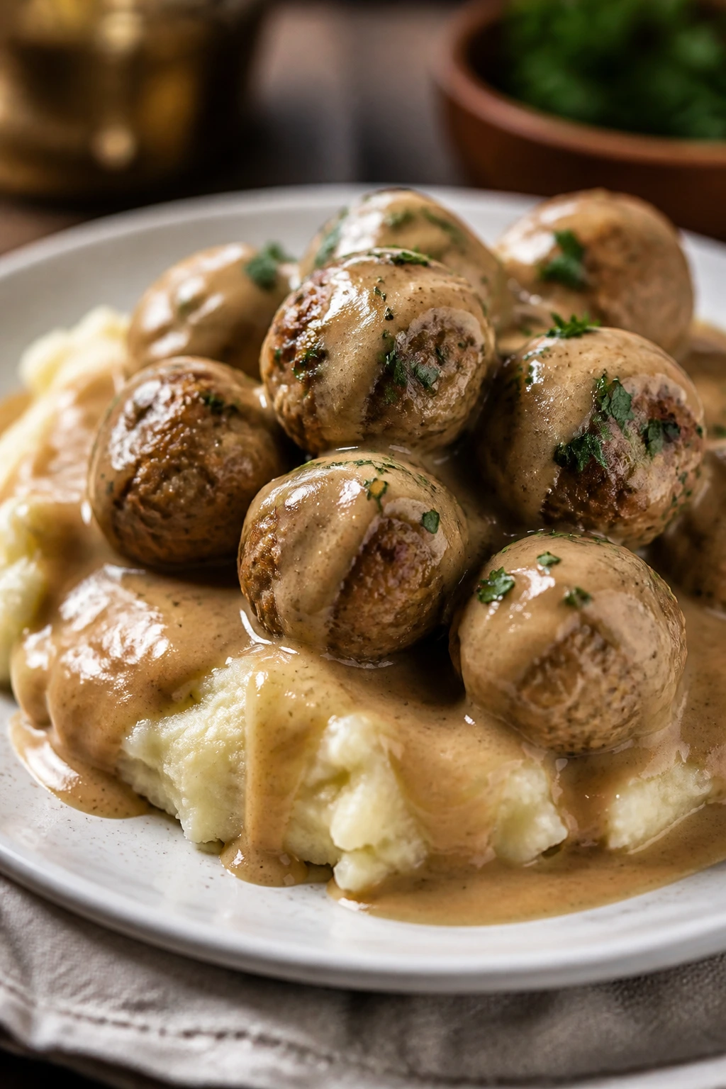 Close-up plate of Swedish meatballs with mashed potatoes and gravy