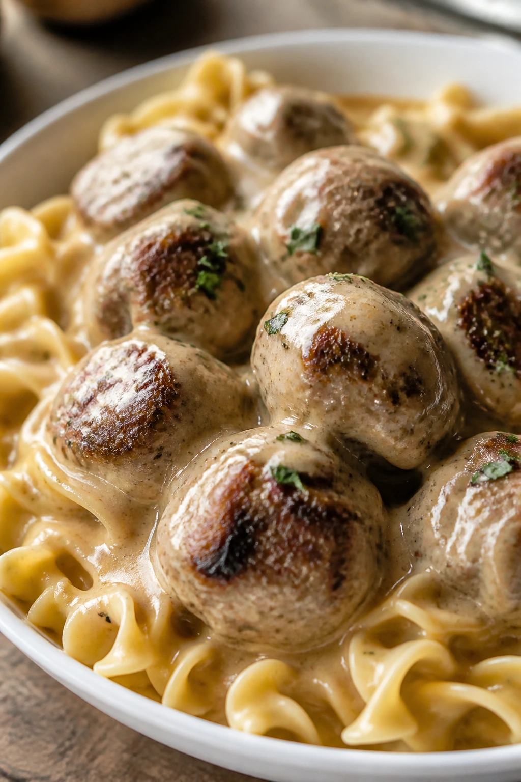 Close-up of Swedish meatballs with egg noodles in creamy sauce