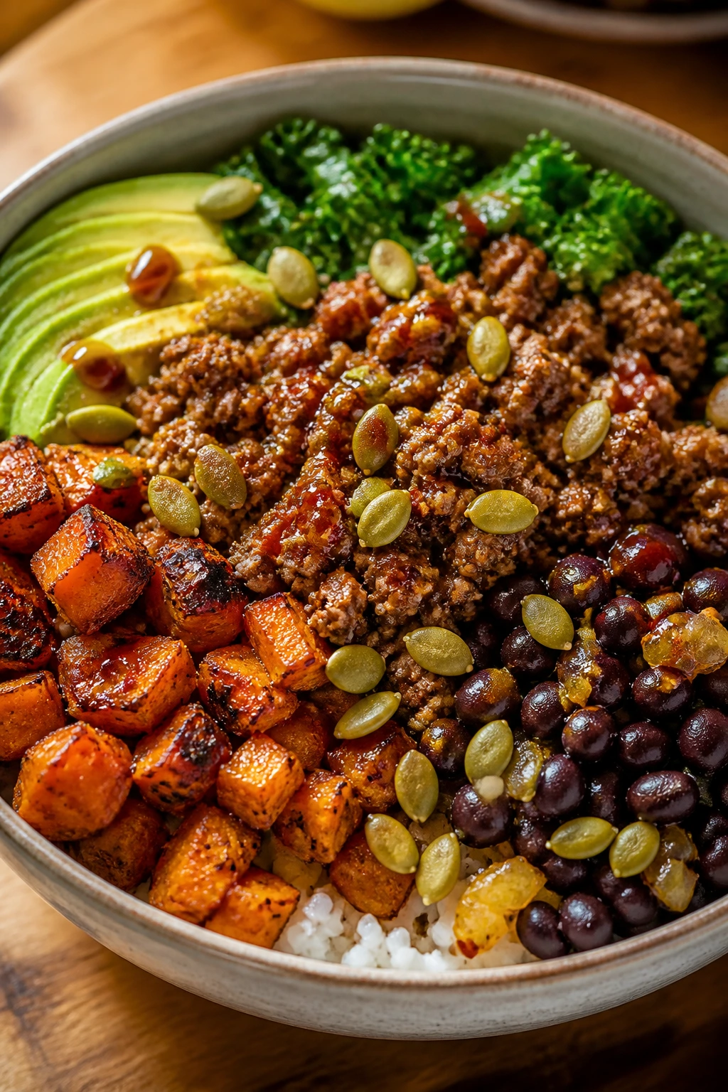 Close-up of loaded sweet potato beef bowl with kale, beans, avocado and pepitas