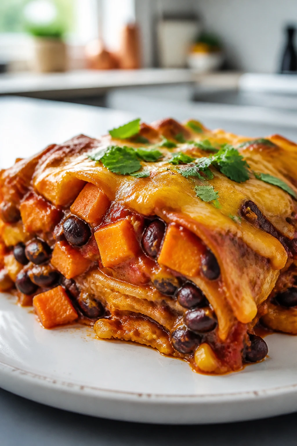 Slice of Sweet Potato Black Bean Enchilada Casserole with beans and cheese