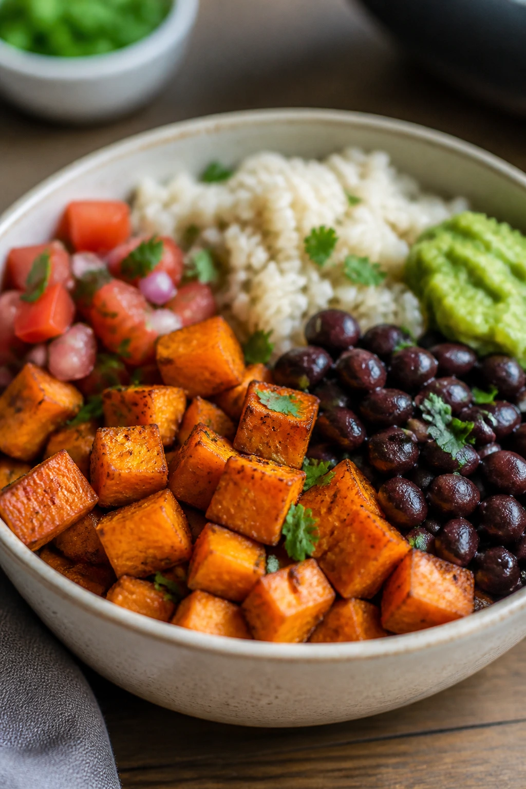 Sweet potato and black bean burrito bowls in a cozy kitchen