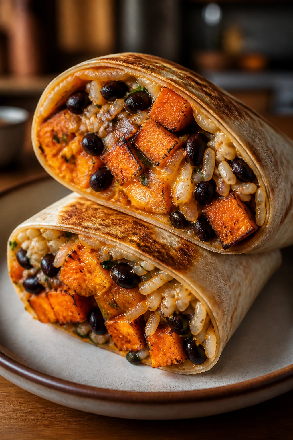 Plated burrito cut open showing sweet potato and black bean filling