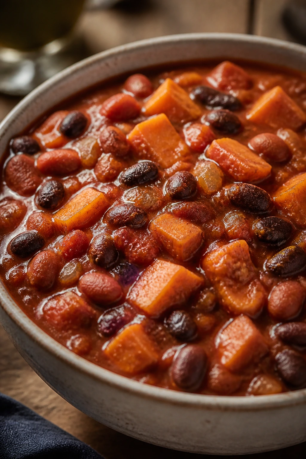 Close-up of sweet potato black bean chili in a bowl with beans and potato chunks