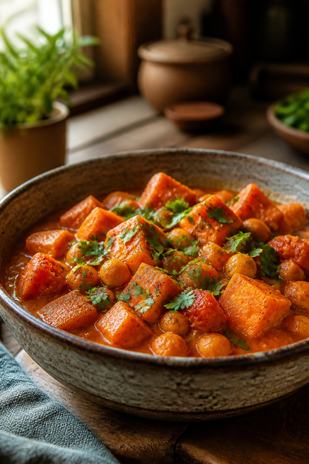 Close-up of sweet potato curry in a bowl with chunky potato pieces in a rich sauce