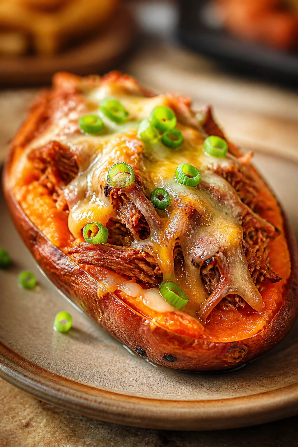 Sweet potato skin with pulled pork, cheese, and scallions on plate