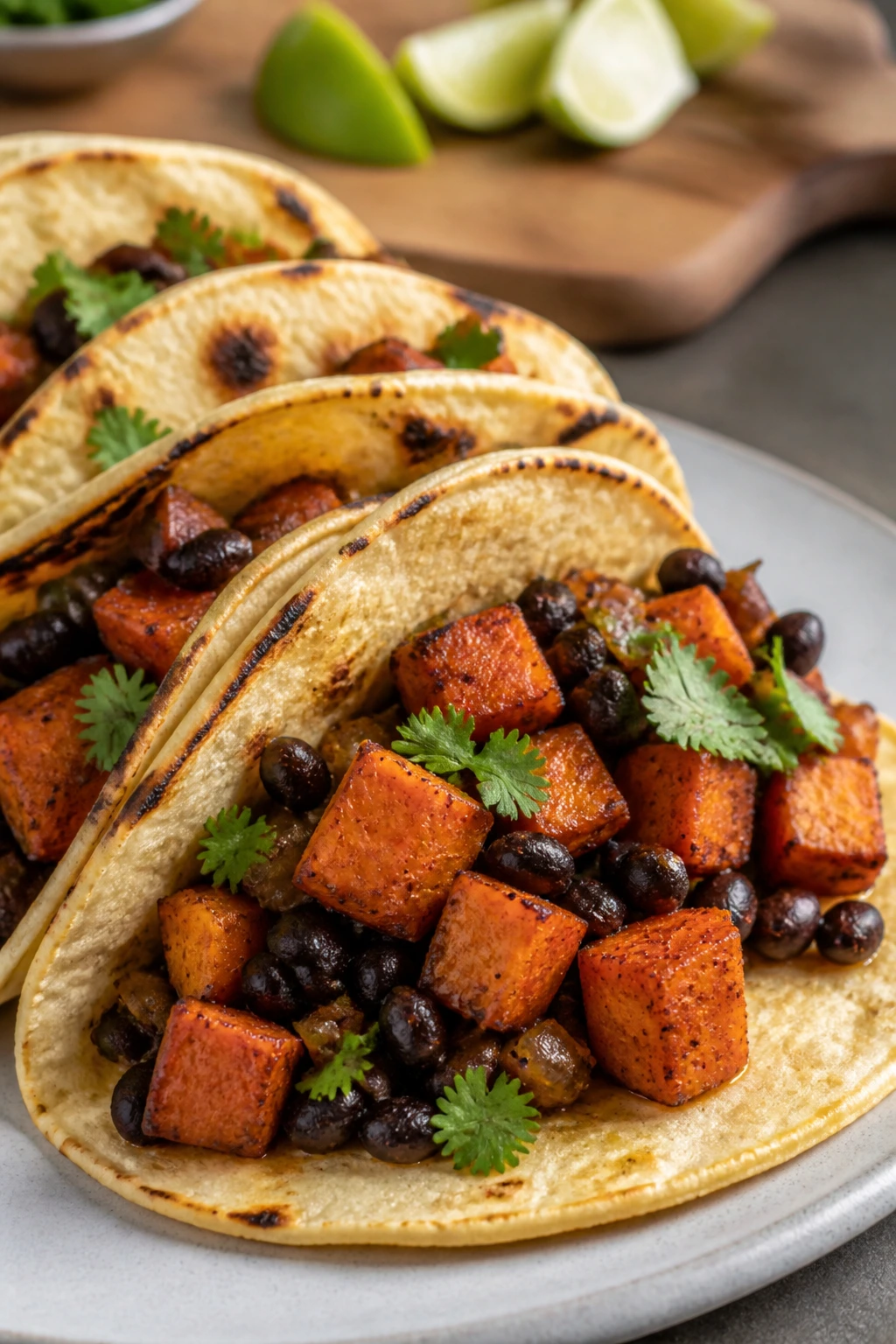 Close-up of roasted sweet potato and black bean tacos on a wooden board.