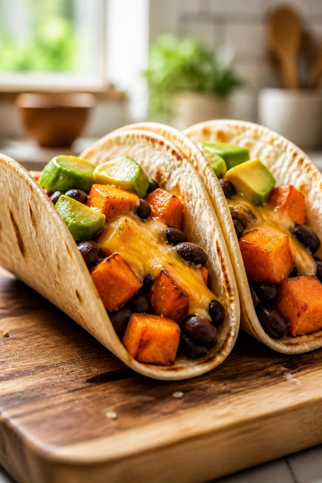 Close-up of sweet potato and black bean tacos on a wooden board