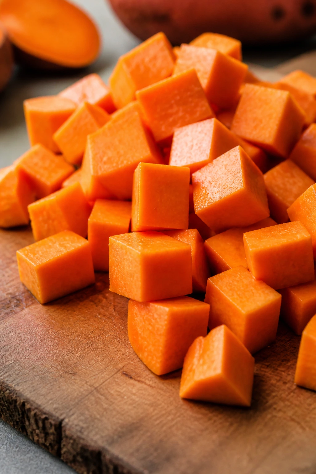Sweet potato cubes on a wooden board