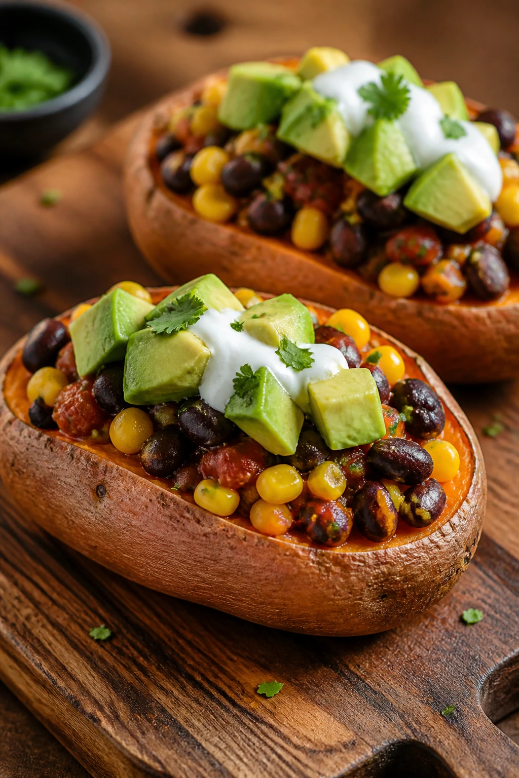 Halved stuffed sweet potatoes with black beans and corn on a wooden board